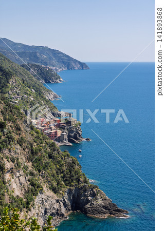 Vernazza on the Italian Riviera in Liguria, Italy from high trail perspective looking south Vernazza on the Italian Riviera in Liguria, Italy from high trail perspective looking south 141893868