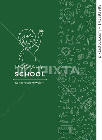 Primary school flyer presentation template with right doodle border chalkboard green background line art Primary school flyer presentation template with right doodle border chalkboard green background line art 141893995