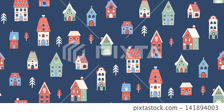 Scandinavian winter village pattern on dark blue background Scandinavian winter village pattern on dark blue background 141894003