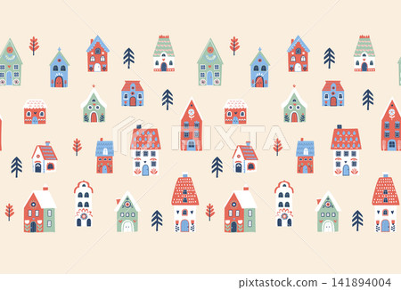 Scandinavian winter village seamless border with cozy Nordic houses Scandinavian winter village seamless border with cozy Nordic houses 141894004