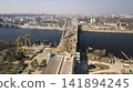 View top of the construction of the Podolsk-Voskresensky bridge in Kiev Ukraine March 2020 from a flight height 141894245