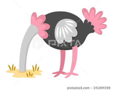 Vector cartoon ostrich with his head in the sand isolated on white background. Funny African or safari animal clipart. Cute savannah bird icon for kids. Flat savanna element. Africa wildlife Vector cartoon ostrich with his head in the sand isolated on white background. Funny African or safari animal clipart. Cute savannah bird icon for kids. Flat savanna element. Africa wildlife 141894399