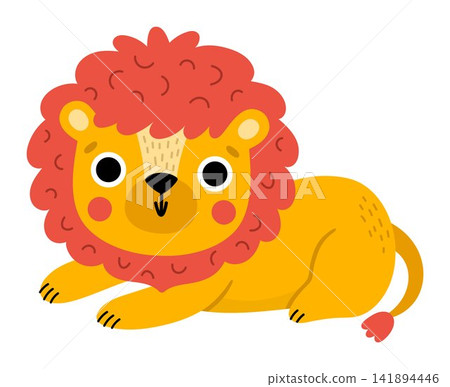 Vector cartoon lion isolated on white background. Funny African or safari animal clipart. Cute savannah icon for kids. Flat savanna element. Africa wildlife illustration Vector cartoon lion isolated on white background. Funny African or safari animal clipart. Cute savannah icon for kids. Flat savanna element. Africa wildlife illustration 141894446