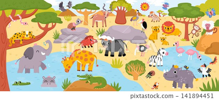 Horizontal cartoon African animals border background. Nature savanna landscape with trees, plants, birds, insects. Safari wildlife panorama scene with lake, cliff, baobabs, acacias, elephant, giraffe Horizontal cartoon African animals border background. Nature savanna landscape with trees, plants, birds, insects. Safari wildlife panorama scene with lake, cliff, baobabs, acacias, elephant, giraffe 141894451