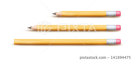 Set of three yellow graphite pencils on a white background. Realistic yellow pencils with an eraser. Set of three yellow graphite pencils on a white background. Realistic yellow pencils with an eraser. 141894475