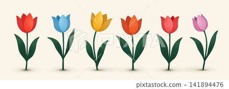 Set of colored tulips with a shadow on a beige background. Flat, cute flowers, design elements. Set of colored tulips with a shadow on a beige background. Flat, cute flowers, design elements. 141894476
