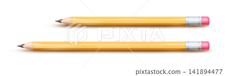 Set of yellow sharpened graphite pencils on a white background. Realistic yellow pencils with pink elastic band. Set of yellow sharpened graphite pencils on a white background. Realistic yellow pencils with pink elastic band. 141894477