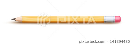 Realistic yellow pencils with an eraser. A school pencil with a shadow on a white background. Realistic yellow pencils with an eraser. A school pencil with a shadow on a white background. 141894480