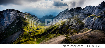 Mountain Landscape Panorama with Alpine Valley and Dramatic Sky Mountain Landscape Panorama with Alpine Valley and Dramatic Sky 141894545