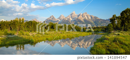 Mountain River Landscape with Snowy Peaks and Forest Reflection Mountain River Landscape with Snowy Peaks and Forest Reflection 141894547