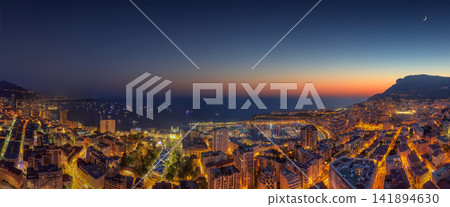 Monaco Cityscape Panorama at Twilight with Harbor and Mediterranean Coast Monaco Cityscape Panorama at Twilight with Harbor and Mediterranean Coast 141894630