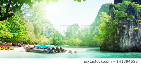 Tropical Lagoon with Longtail Boat and Limestone Cliffs Tropical Lagoon with Longtail Boat and Limestone Cliffs 141894658