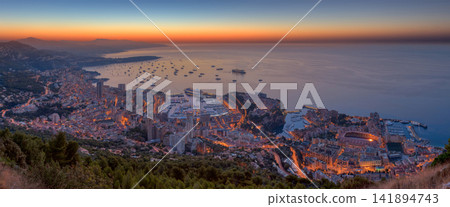 Monaco Cityscape Sunset Panorama over Mediterranean Harbor Monaco Cityscape Sunset Panorama over Mediterranean Harbor 141894743