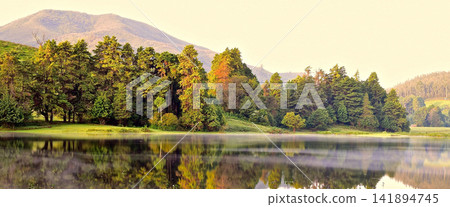 Mountain Lake Forest Reflection in Warm Morning Light Mountain Lake Forest Reflection in Warm Morning Light 141894745