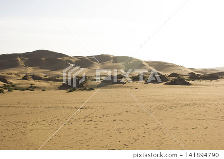 Desert Sand Dunes Landscape with Sparse Shrubs and Nomad Huts Desert Sand Dunes Landscape with Sparse Shrubs and Nomad Huts 141894790