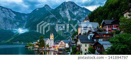 Hallstatt Alpine Village and Lake at Blue Hour in Austria Hallstatt Alpine Village and Lake at Blue Hour in Austria 141894797