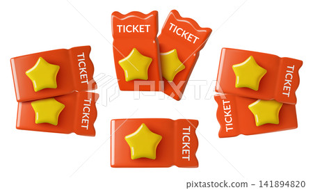 Tickets red 3D icons set with yellow stars entry pass to movie premiere cinema or concert event 141894820