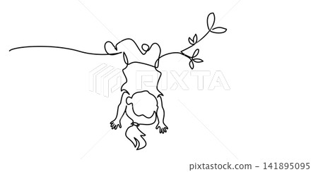 Happy little child hanging upside down on tree branch. Continuous one line drawing Happy little child hanging upside down on tree branch. Continuous one line drawing 141895095