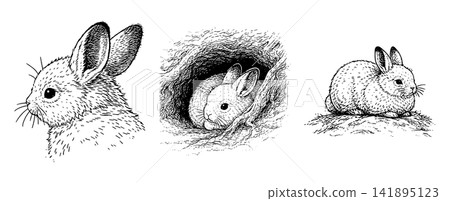 A set of pen-and-ink illustrations of rabbits (gazing, hiding, resting) A set of pen-and-ink illustrations of rabbits (gazing, hiding, resting) 141895123