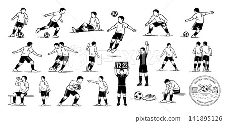A set of pen-and-ink illustrations of soccer players: dribbling, passing, shooting, and taking a break. A set of pen-and-ink illustrations of soccer players: dribbling, passing, shooting, and taking a break. 141895126