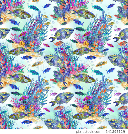 Seamless watercolor pattern with small colorful tropical fish swimming across an ocean background. Playful hand painted marine design for fabric, wallpaper, kids products and summer packaging Seamless watercolor pattern with small colorful tropical fish swimming across an ocean background. Playful hand painted marine design for fabric, wallpaper, kids products and summer packaging 141895129