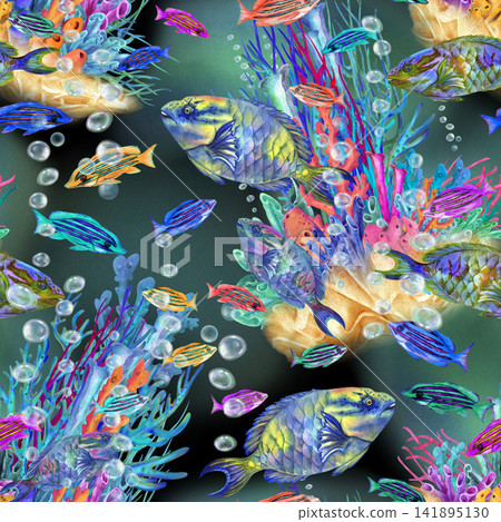 Seamless watercolor pattern with small colorful tropical fish swimming across an ocean background. Playful hand painted marine design for fabric, wallpaper, kids products and summer packaging Seamless watercolor pattern with small colorful tropical fish swimming across an ocean background. Playful hand painted marine design for fabric, wallpaper, kids products and summer packaging 141895130