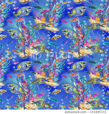 Seamless watercolor pattern with small colorful tropical fish swimming across an ocean background. Playful hand painted marine design for fabric, wallpaper, kids products and summer packaging Seamless watercolor pattern with small colorful tropical fish swimming across an ocean background. Playful hand painted marine design for fabric, wallpaper, kids products and summer packaging 141895131