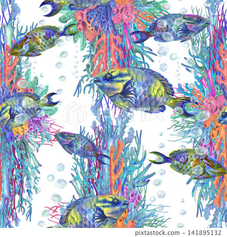 Decorative seamless watercolor pattern with tropical coral reef compositions, colorful fish and underwater plants. Vibrant hand painted marine design for textiles, wallpaper, packaging and summer Decorative seamless watercolor pattern with tropical coral reef compositions, colorful fish and underwater plants. Vibrant hand painted marine design for textiles, wallpaper, packaging and summer 141895132