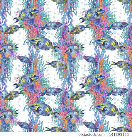Decorative seamless watercolor pattern with tropical coral reef compositions, colorful fish and underwater plants. Vibrant hand painted marine design for textiles, wallpaper, packaging and summer Decorative seamless watercolor pattern with tropical coral reef compositions, colorful fish and underwater plants. Vibrant hand painted marine design for textiles, wallpaper, packaging and summer 141895133