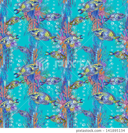 Decorative seamless watercolor pattern with tropical coral reef compositions, colorful fish and underwater plants. Vibrant hand painted marine design for textiles, wallpaper, packaging and summer Decorative seamless watercolor pattern with tropical coral reef compositions, colorful fish and underwater plants. Vibrant hand painted marine design for textiles, wallpaper, packaging and summer 141895134