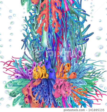 Seamless watercolor pattern with vertical tropical coral reef arrangements and colorful marine plants. Hand painted ocean design for textiles, wallpaper, wrapping paper and coastal decor. Seamless watercolor pattern with vertical tropical coral reef arrangements and colorful marine plants. Hand painted ocean design for textiles, wallpaper, wrapping paper and coastal decor. 141895135
