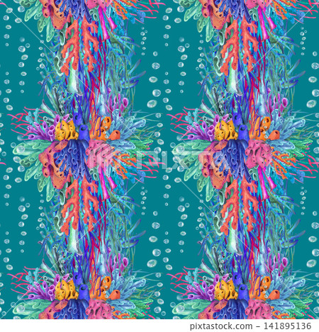 Seamless watercolor pattern with vertical tropical coral reef arrangements and colorful marine plants. Hand painted ocean design for textiles, wallpaper, wrapping paper and coastal decor. Seamless watercolor pattern with vertical tropical coral reef arrangements and colorful marine plants. Hand painted ocean design for textiles, wallpaper, wrapping paper and coastal decor. 141895136