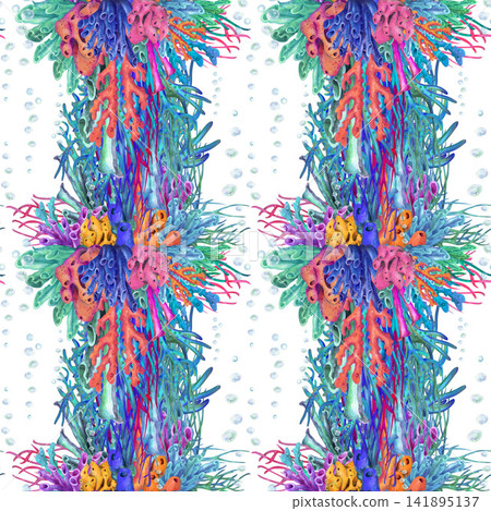 Seamless watercolor pattern with vertical tropical coral reef arrangements and colorful marine plants. Hand painted ocean design for textiles, wallpaper, wrapping paper and coastal decor. Seamless watercolor pattern with vertical tropical coral reef arrangements and colorful marine plants. Hand painted ocean design for textiles, wallpaper, wrapping paper and coastal decor. 141895137