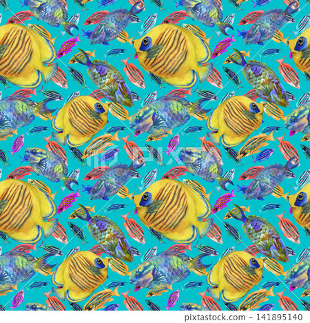 Vibrant seamless watercolor pattern with tropical fish, colorful corals and reef plants. Dense hand painted underwater design for fabric, wallpaper, packaging, wrapping paper and summer decor. Vibrant seamless watercolor pattern with tropical fish, colorful corals and reef plants. Dense hand painted underwater design for fabric, wallpaper, packaging, wrapping paper and summer decor. 141895140