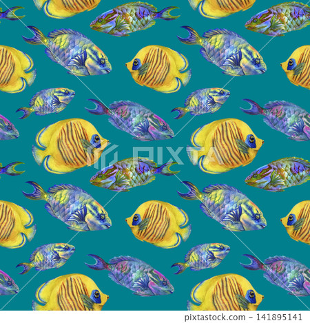 Seamless watercolor pattern with colorful tropical reef fish on light and turquoise backgrounds. Hand painted ocean design for textiles, wallpaper, packaging, stationery and summer products. Seamless watercolor pattern with colorful tropical reef fish on light and turquoise backgrounds. Hand painted ocean design for textiles, wallpaper, packaging, stationery and summer products. 141895141