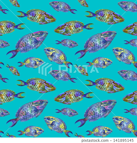 Seamless watercolor pattern with colorful tropical parrotfish on bright backgrounds. Hand painted marine design for fabric, wallpaper, wrapping paper, packaging and summer decor. Seamless watercolor pattern with colorful tropical parrotfish on bright backgrounds. Hand painted marine design for fabric, wallpaper, wrapping paper, packaging and summer decor. 141895145