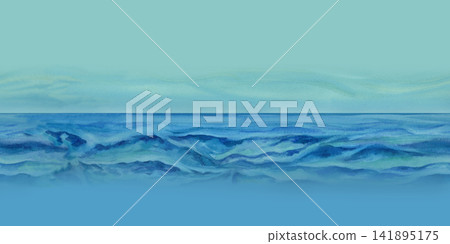 Minimal watercolor ocean horizon banner with soft marine tones and calm coastal atmosphere. Seamless border with elegant blue background for branding, presentations and stationery Minimal watercolor ocean horizon banner with soft marine tones and calm coastal atmosphere. Seamless border with elegant blue background for branding, presentations and stationery 141895175