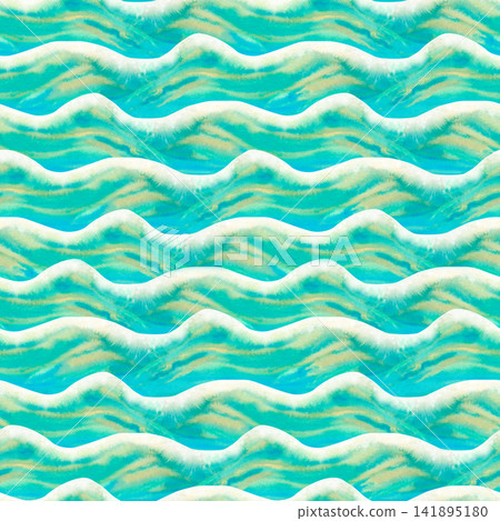 Dynamic watercolor wave seamless pattern in turquoise, blue tones. Hand painted ocean inspired design with flowing coastal movement for fabric, wallpaper, branding, stationery and beach products Dynamic watercolor wave seamless pattern in turquoise, blue tones. Hand painted ocean inspired design with flowing coastal movement for fabric, wallpaper, branding, stationery and beach products 141895180