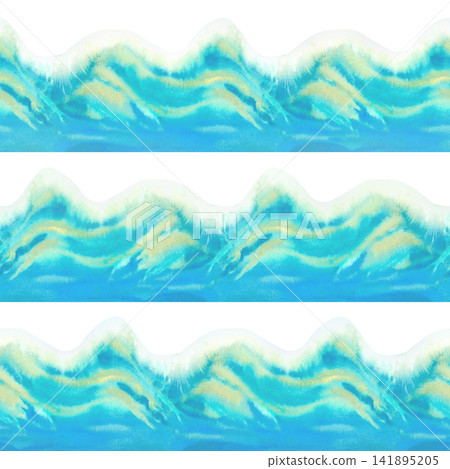 Expressive watercolor stripe pattern with rolling ocean surf and coastal movement. Hand painted marine seamless background ideal for wallpaper, textile, fabric, branding and summer themed projects Expressive watercolor stripe pattern with rolling ocean surf and coastal movement. Hand painted marine seamless background ideal for wallpaper, textile, fabric, branding and summer themed projects 141895205
