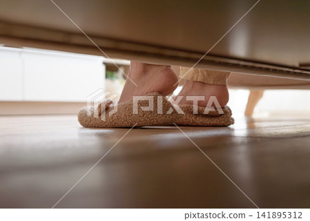 Cozy fuzzy slippers on wooden floor viewed from below under furniture, warm home comfort lifestyle Cozy fuzzy slippers on wooden floor viewed from below under furniture, warm home comfort lifestyle 141895312
