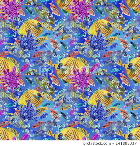 Dense seamless watercolor pattern with tropical fish, colorful corals and lush underwater foliage. Vibrant hand painted ocean print for textiles, fashion, wallpaper, packaging and summer accessories Dense seamless watercolor pattern with tropical fish, colorful corals and lush underwater foliage. Vibrant hand painted ocean print for textiles, fashion, wallpaper, packaging and summer accessories 141895337