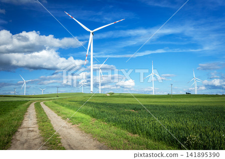 Wind turbines in a green field, northern Poland Wind turbines in a green field, northern Poland 141895390
