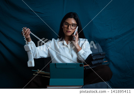 Businesswoman multitasking with multiple phones and technology Businesswoman multitasking with multiple phones and technology 141895411