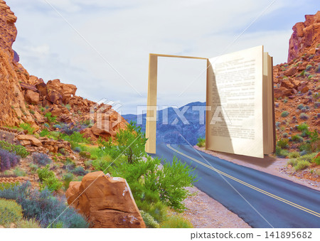 Open book with road representing knowledge as a journey and the power of reading to transport you to new places Open book with road representing knowledge as a journey and the power of reading to transport you to new places 141895682