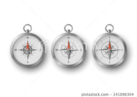 Compass Icon Set 3d Vector Illustration. Steel Magnetic Compass Icons Isolated. Silver Compass Collection. Direction and Travel Symbol Design Compass Icon Set 3d Vector Illustration. Steel Magnetic Compass Icons Isolated. Silver Compass Collection. Direction and Travel Symbol Design 141896304