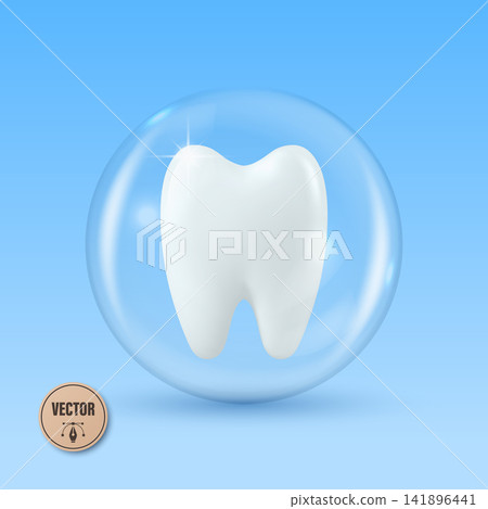 Tooth Protection Concept with White 3d Vector Tooth in Transparent Bubble. Dental Care, Oral Hygiene and Enamel Safety Symbol on Blue Square Background. Medical Vector Illustration Tooth Protection Concept with White 3d Vector Tooth in Transparent Bubble. Dental Care, Oral Hygiene and Enamel Safety Symbol on Blue Square Background. Medical Vector Illustration 141896441