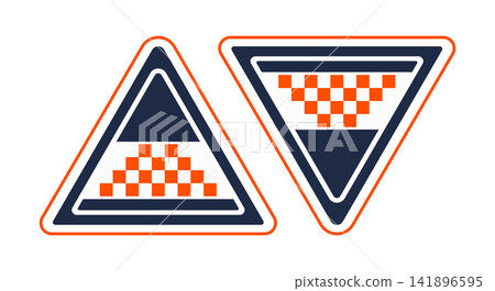 Two triangle traffic warning signs with checkered patterns triangle checkered Two triangle traffic warning signs with checkered patterns triangle checkered 141896595