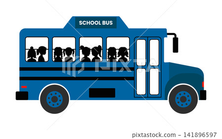 Blue school bus transporting children with silhouettes visible inside, children Blue school bus transporting children with silhouettes visible inside, children 141896597