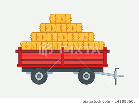 Red farm trailer loaded with stacked yellow hay bales agriculture transport Red farm trailer loaded with stacked yellow hay bales agriculture transport 141896603