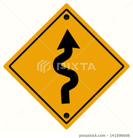 Yellow diamond warning sign indicating winding road ahead for traffic safety Yellow diamond warning sign indicating winding road ahead for traffic safety 141896606